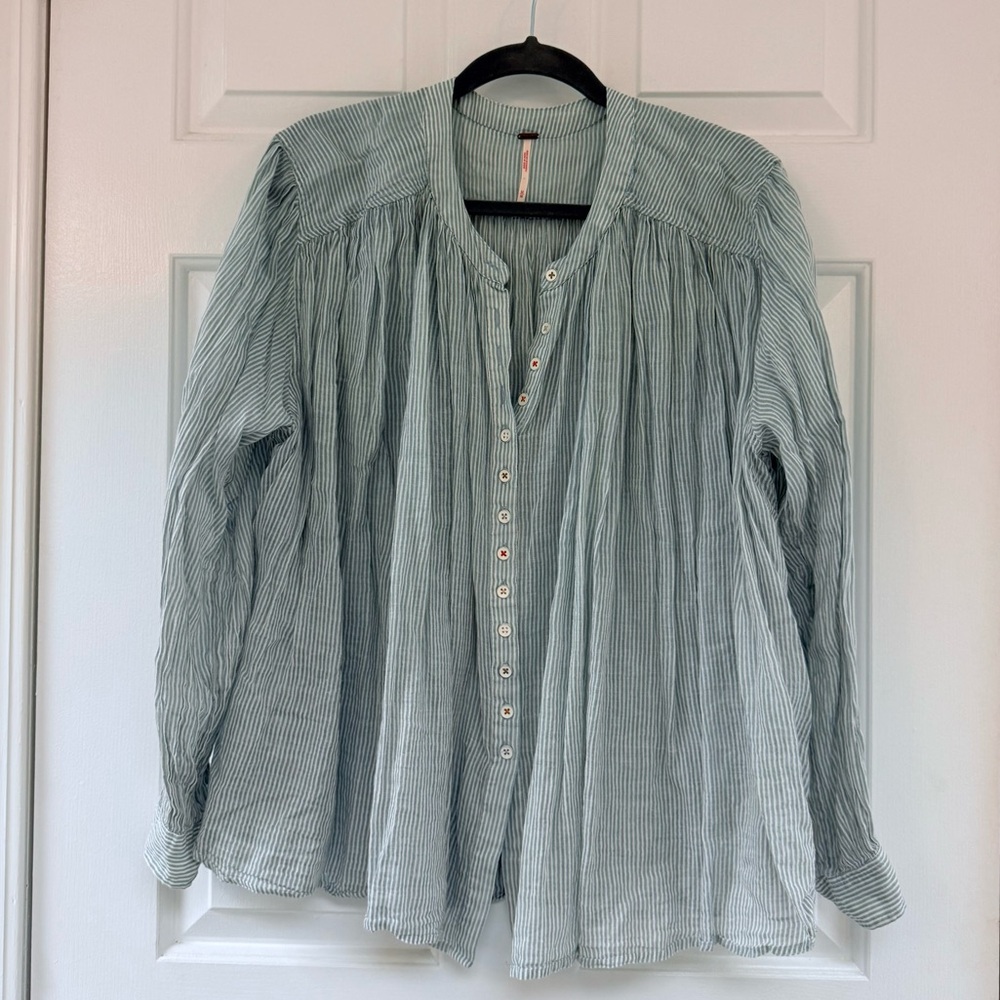 Free People Light Seafoam Green Striped Button-Front Blouse